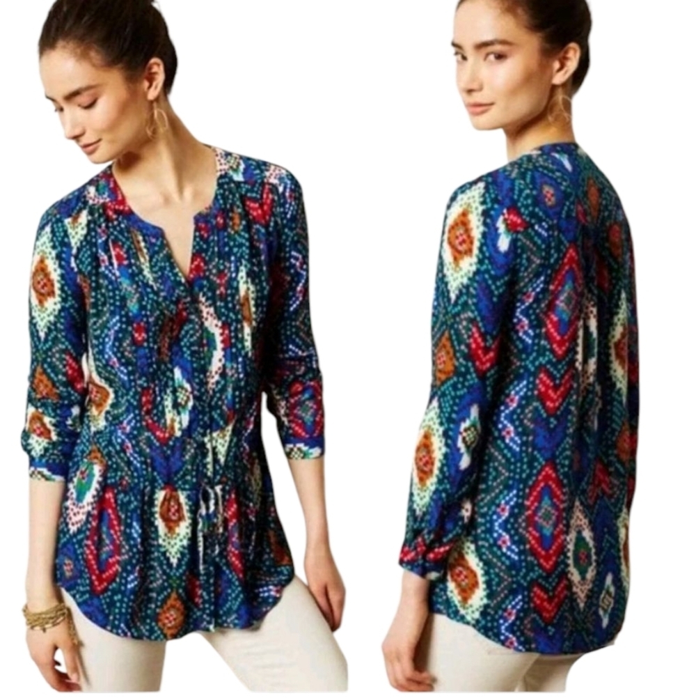Maeve Multicolored Geometric Button-Up Top Sz 8 Pleated Tie Waist Minimalist